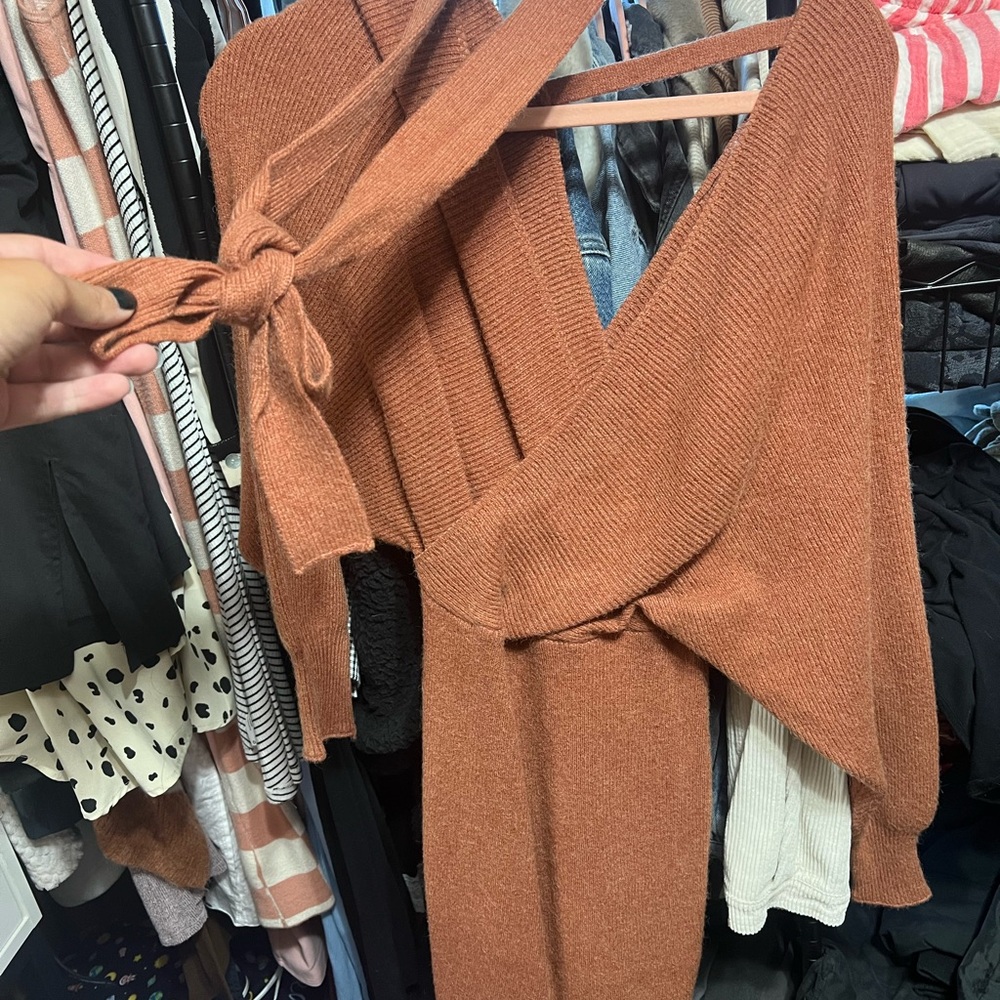 Rust Orange Knit Wrap Dress